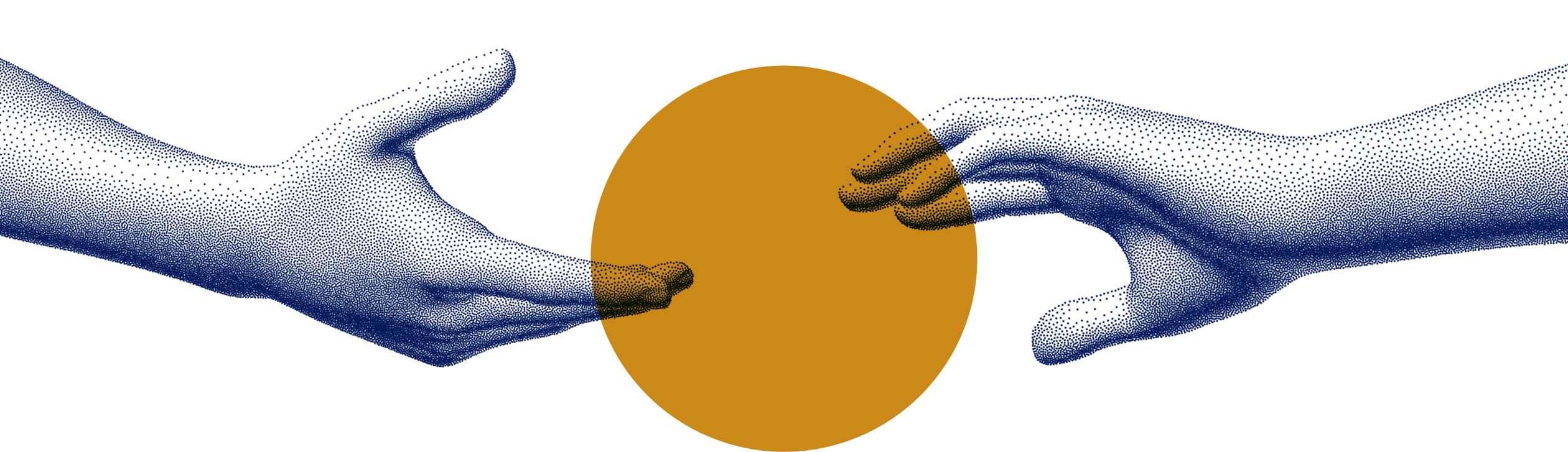 Two hands reaching toward each other across a golden circle, symbolising connection and partnership