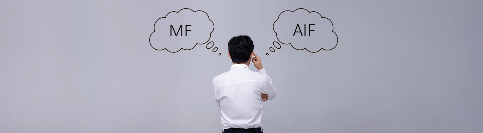 Article cover image depicting a man thinking with two thought bubbles around him. One says "Mutual Funds" and the other says "AIF".