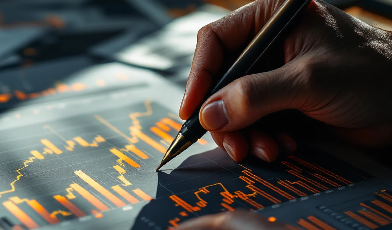 Details image depicting a person pointing with a pen to a screen with graphs.