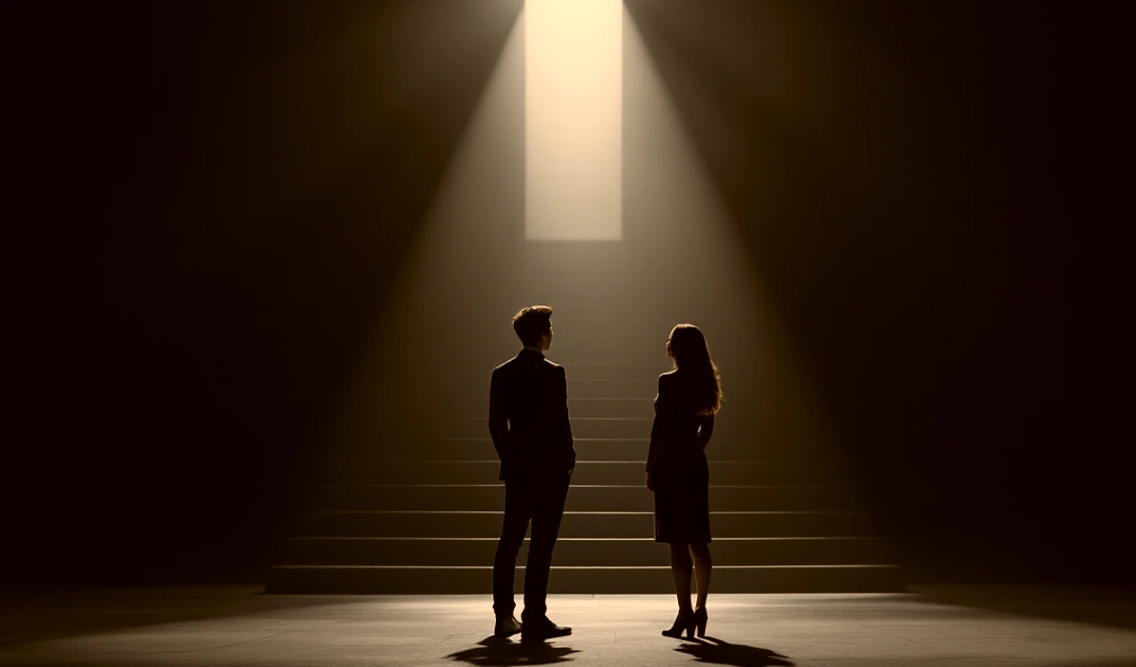 Details image depicting a man and a woman standing in a dark room. In front of them is an open door with light flowing in.
