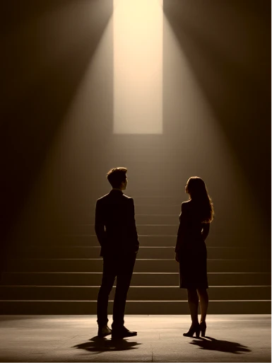 Listing image depicting a man and a woman standing in a dark room. In front of them is an open door with light flowing in.