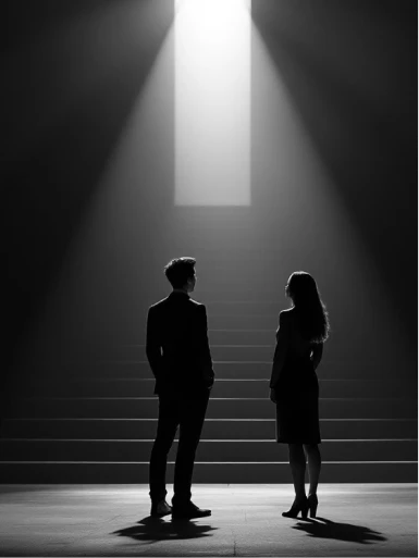 Listing image in black and white depicting a man and a woman standing in a dark room. In front of them is an open door with light flowing in.