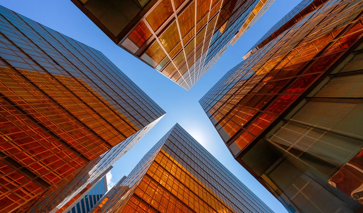Details image depicting four buildings from a bottom view.