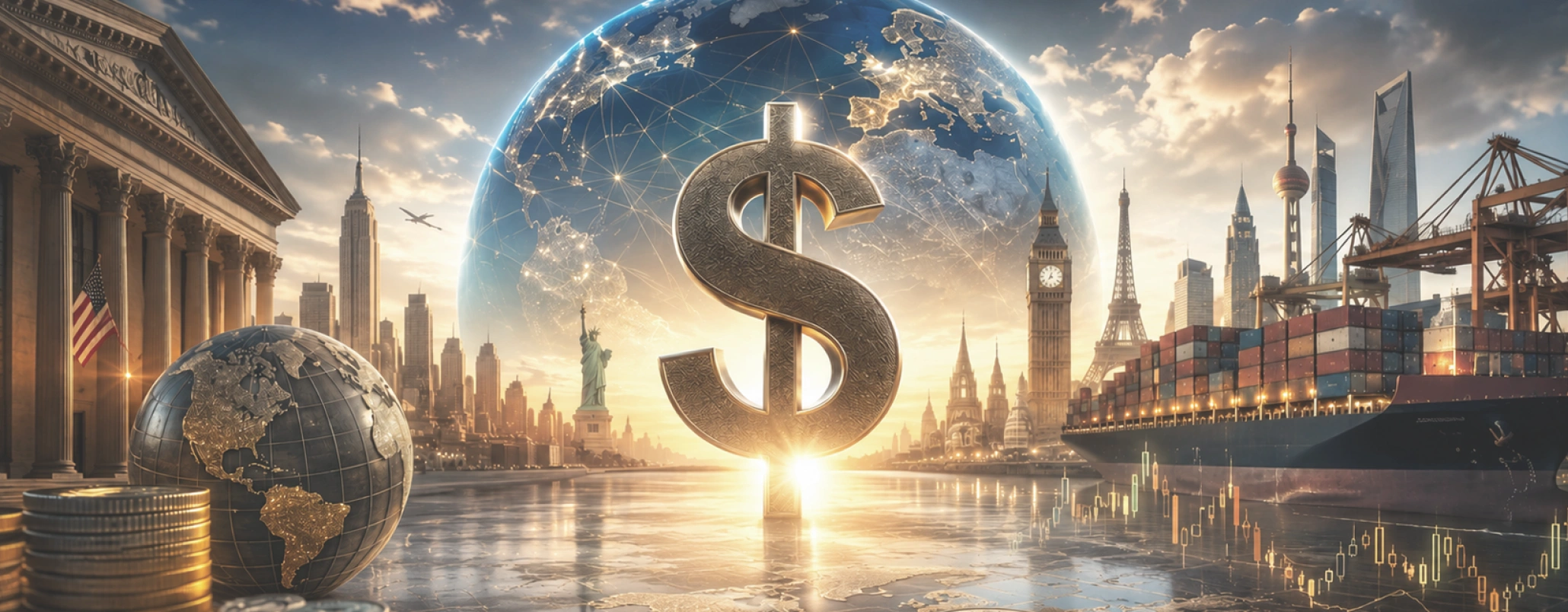 Cover image depicting a US dollar sign surrounded by famous monuments from around the world.
