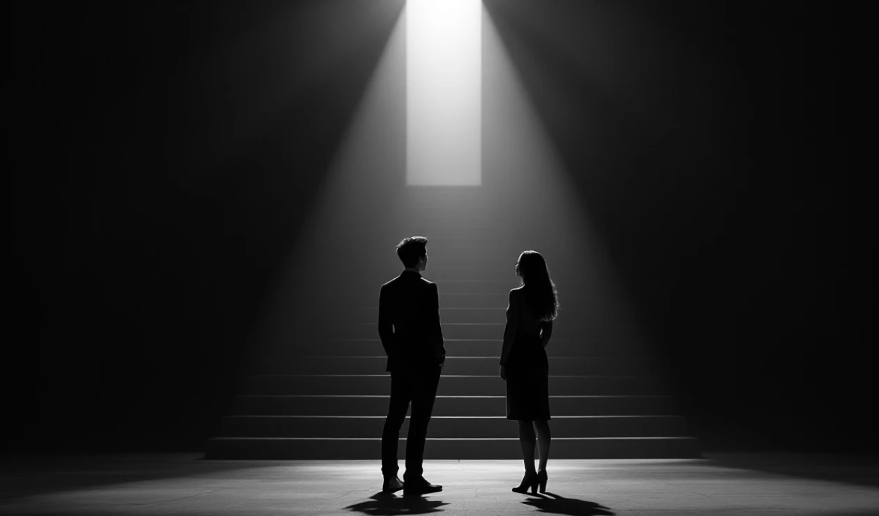 Details image in black and white depicting a man and a woman standing in a dark room. In front of them is an open door with light flowing in.
