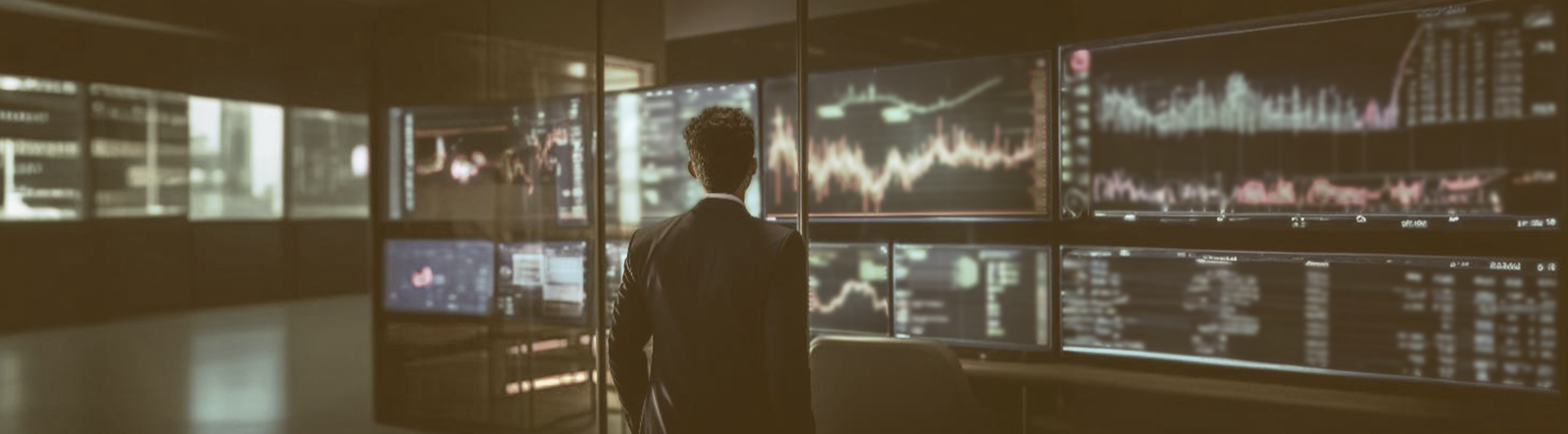 Article cover image depicting a man analysing multiple screens with data.